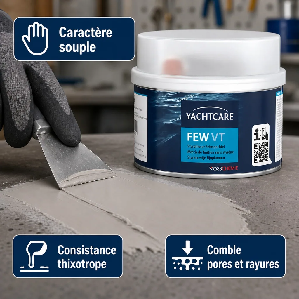 Mastic de finition sans styrène 1 kg, Mastic de réparation marine, Mastic pour coque bateau