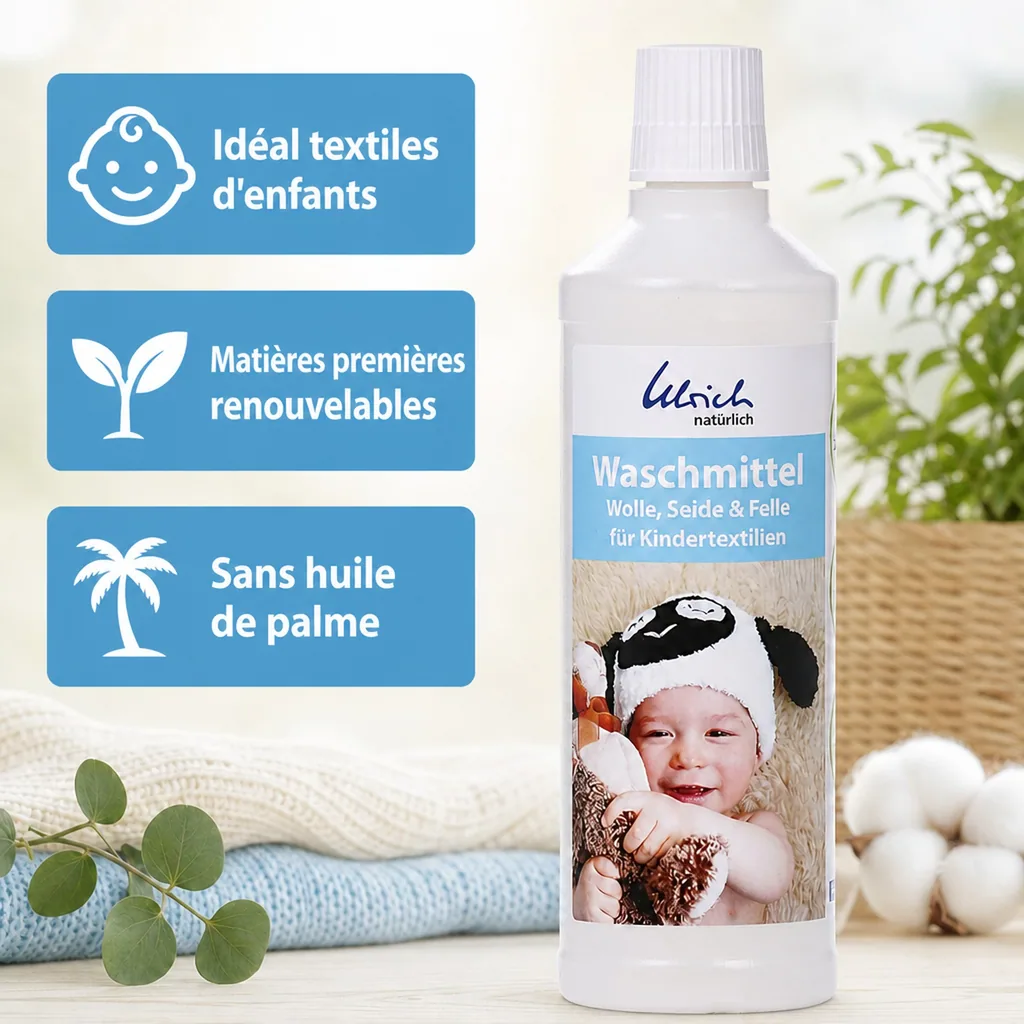 Lessive bébé, lessive liquide bébé, 500 ml, pour textiles délicats, laine, soie, felle
