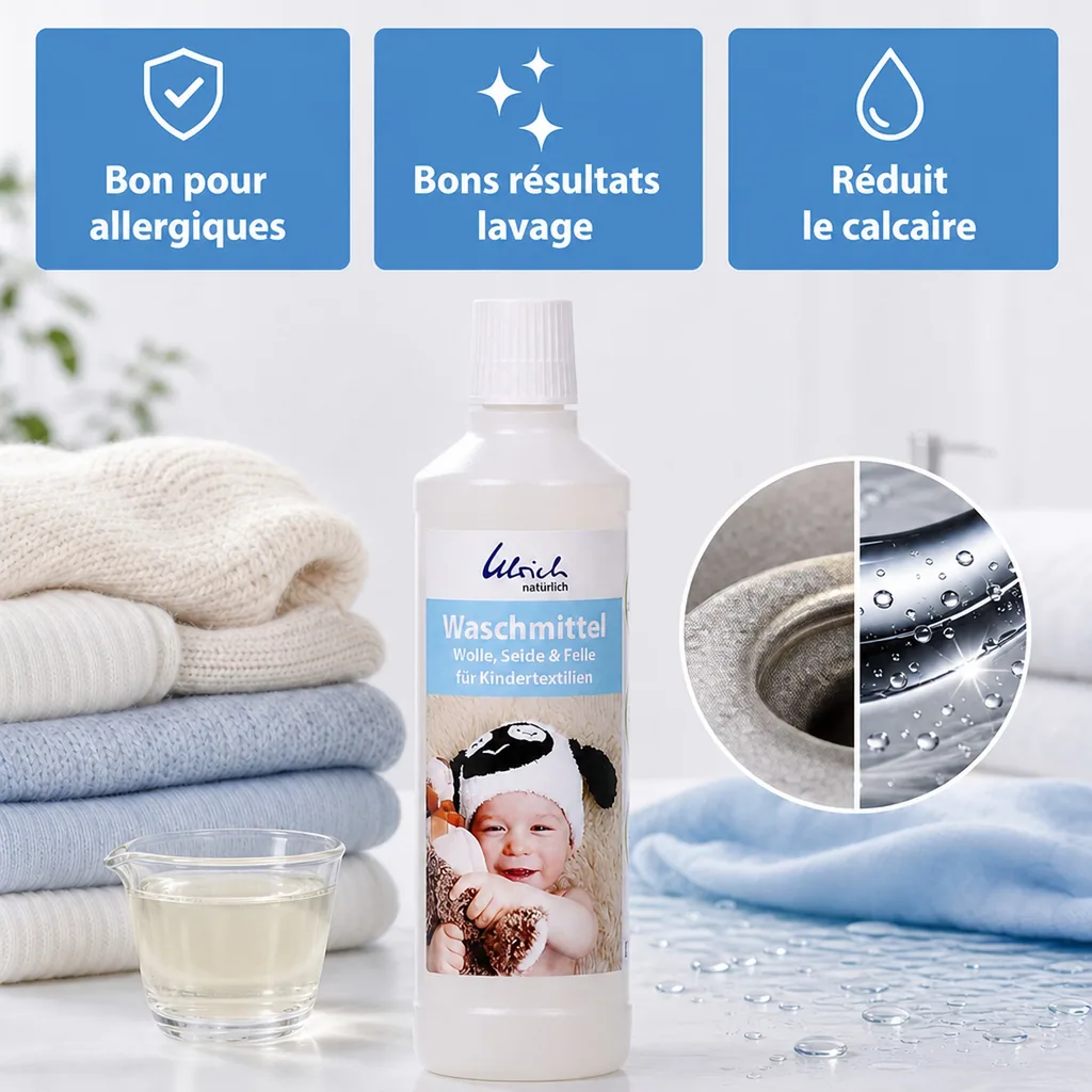 Lessive bébé, lessive liquide bébé, 500 ml, pour textiles délicats, laine, soie, felle
