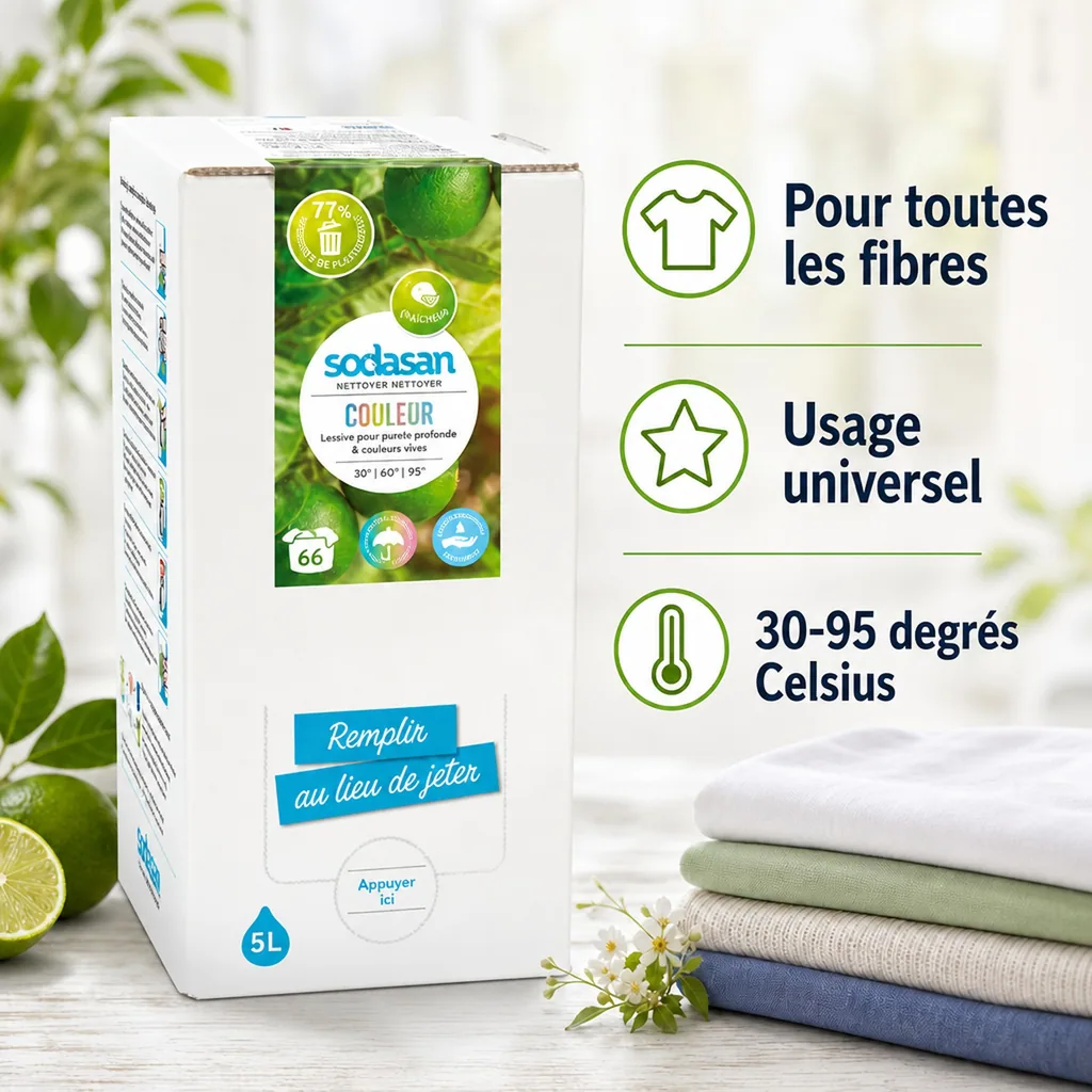 Lessive liquide couleur 5L, lessive couleur, lessive écologique, agrumes