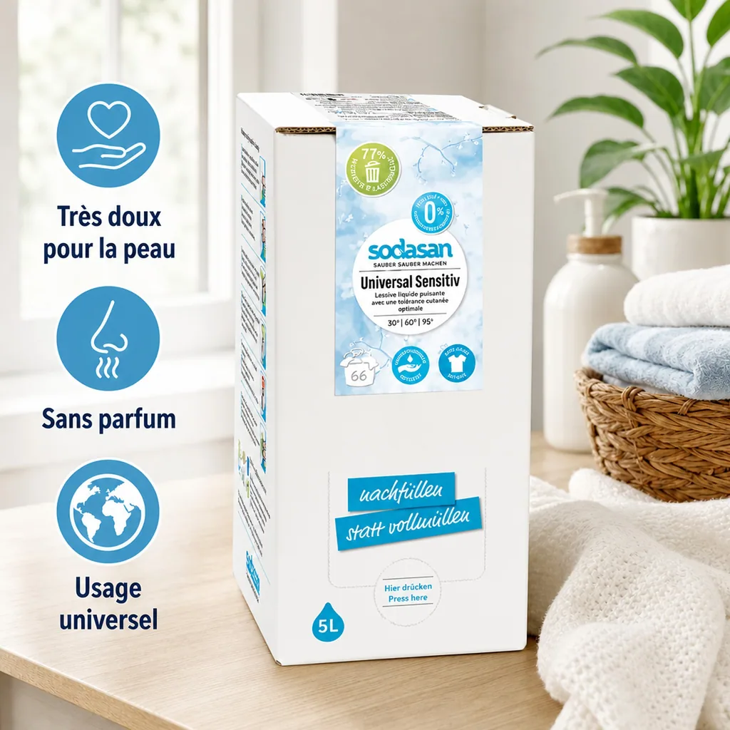 Lessive universelle 5 litres, lessive sensitive, lessive peau sensible, lessive écologique