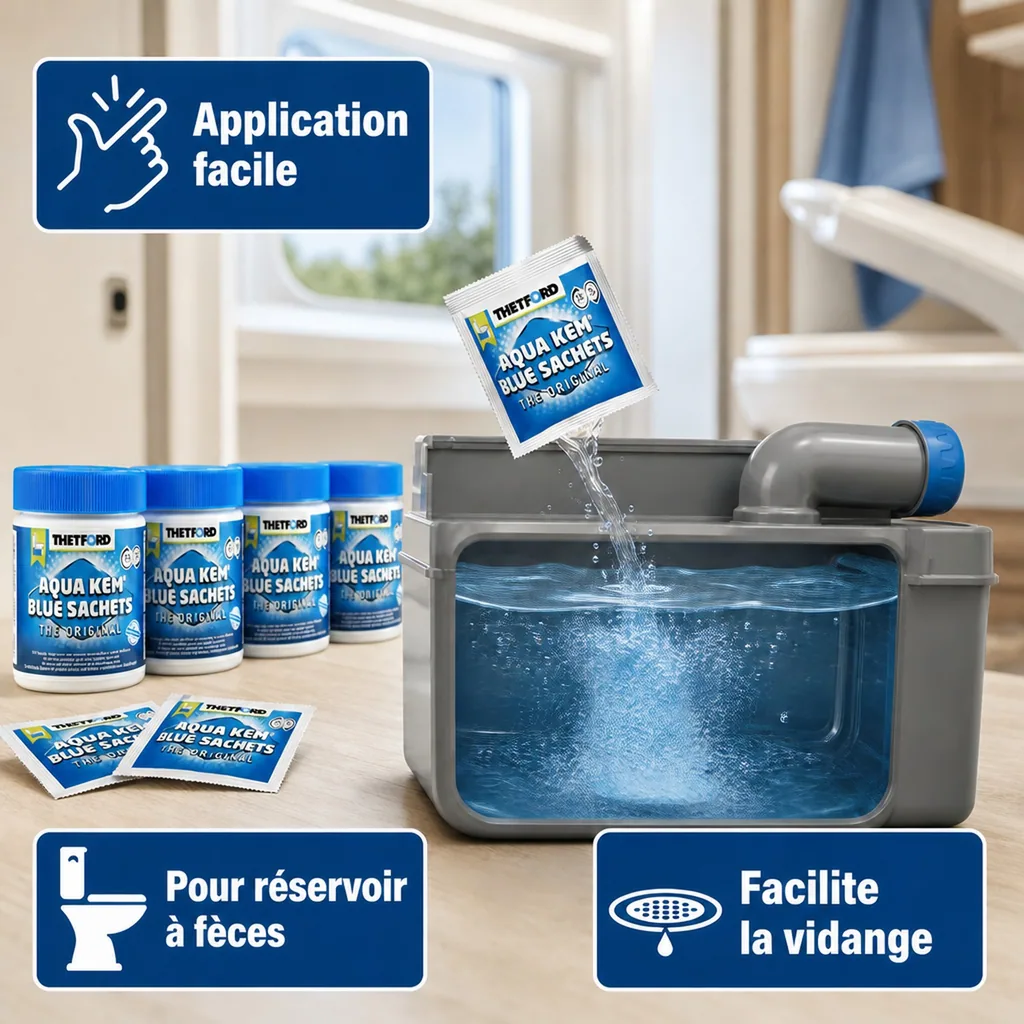 Sachets WC chimiques, produit WC chimique, sachets chimiques toilettes portables, 15 sachets, 4 doses