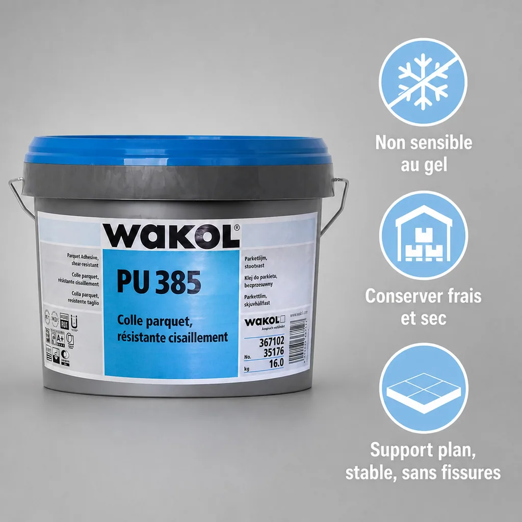 Colle parquet polyuréthane 16 kg, résistante au cisaillement, professionnelle, intérieur