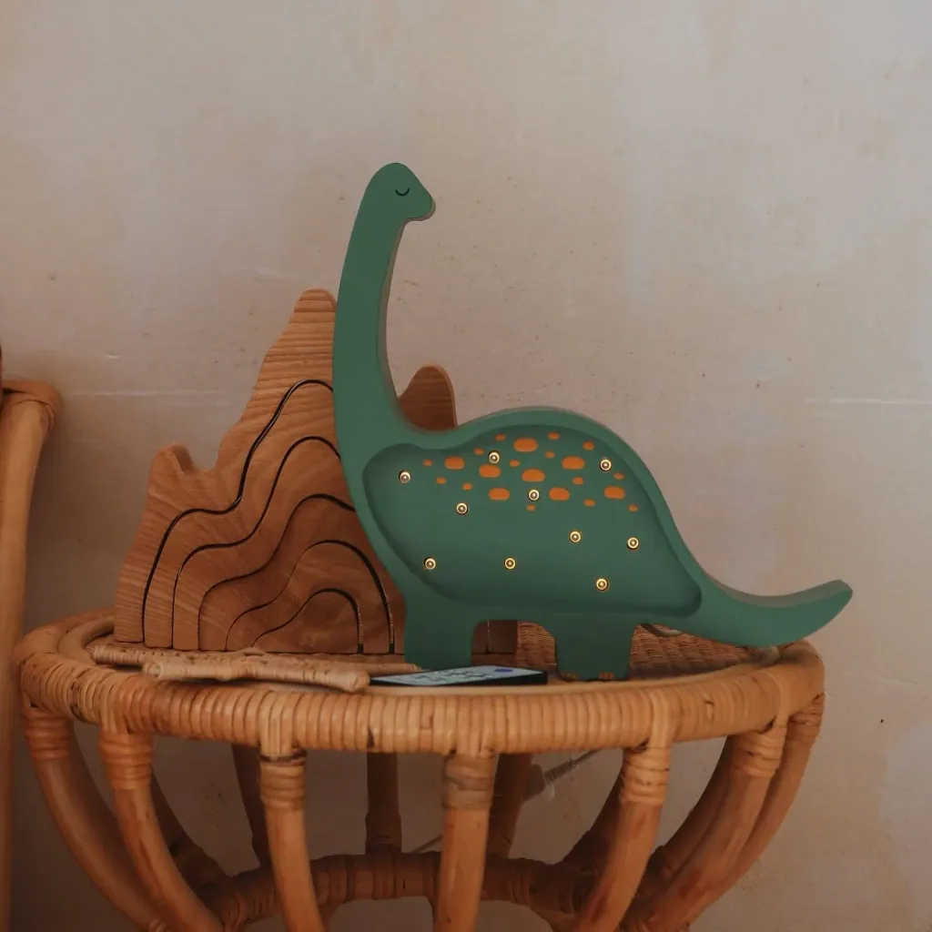 Little Lights Veilleuse enfant, lampe de nuit mini dinosaure - 100% pin naturel, couleur : vert militaire