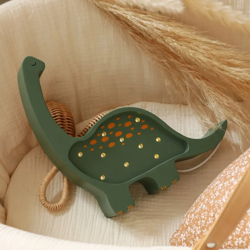 Little Lights Veilleuse enfant, lampe de nuit mini dinosaure - 100% pin naturel, couleur : vert militaire