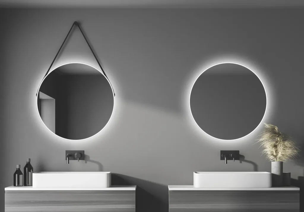 Decorative round wall mirror with indirect LED lighting in matt white Ø 80 cm