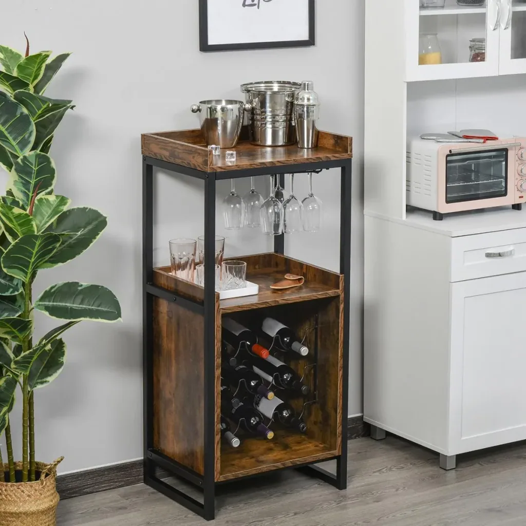Wine rack 9 bottles wine cabinet bottle rack with 2 open shelves and glass holder black+brown 52 x 40 x 113 cm