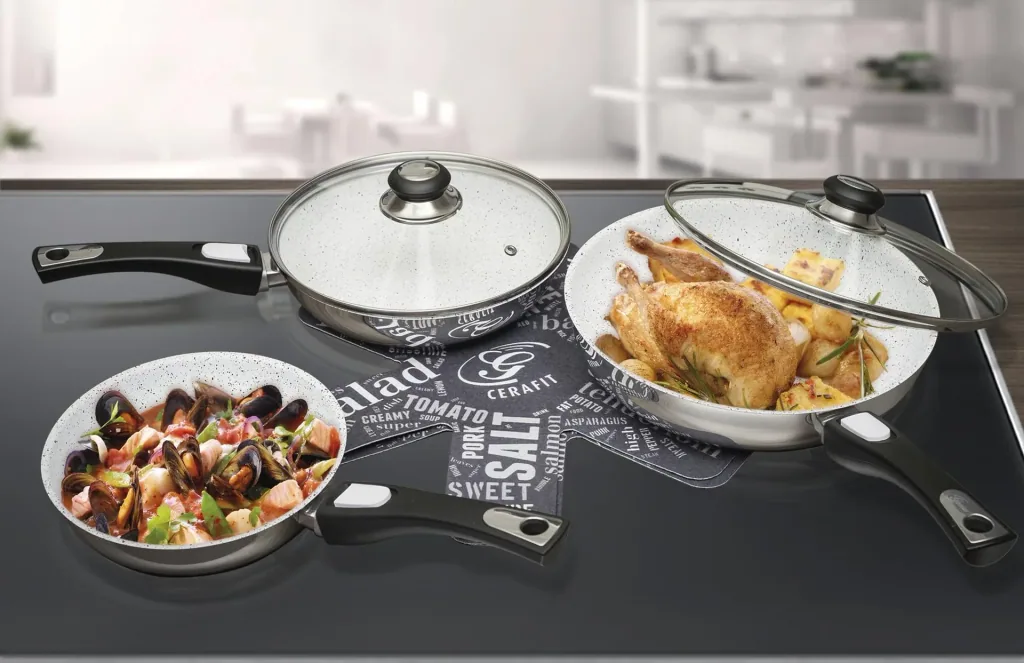 Cerafit Mont Blanc pan set with click handle, 7 pieces - stainless steel pans with special ceramic non-stick coating