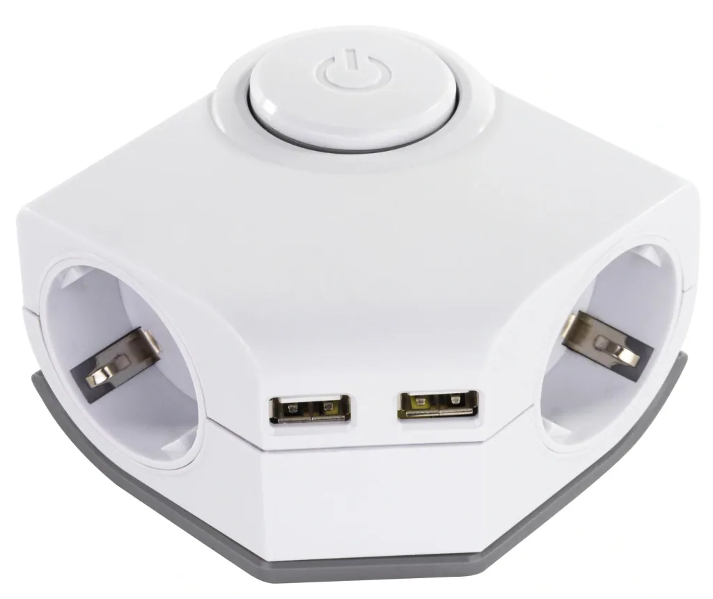 Power strip for corner mounting 2-way + 2x USB