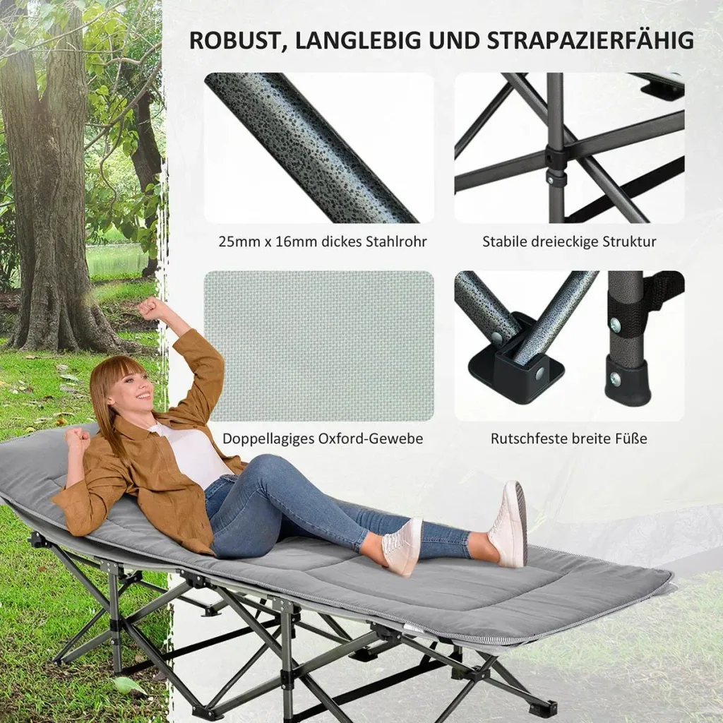 Camping bed foldable camp bed folding bed with pillow side pocket mattress guest bed up to 150 kg load capacity travel outdoor