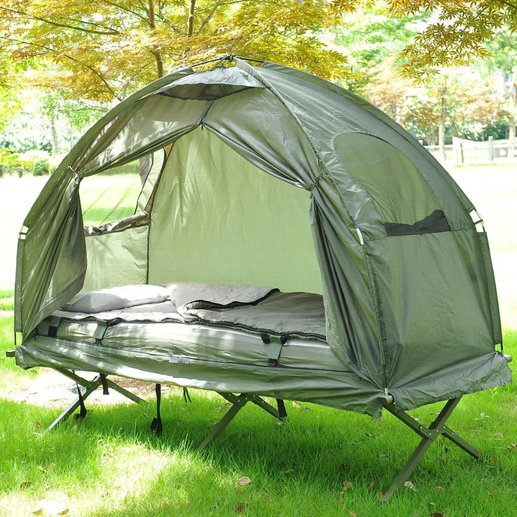 Camping bed set with tent sleeping bag mattress 4 in 1 foldable dark green