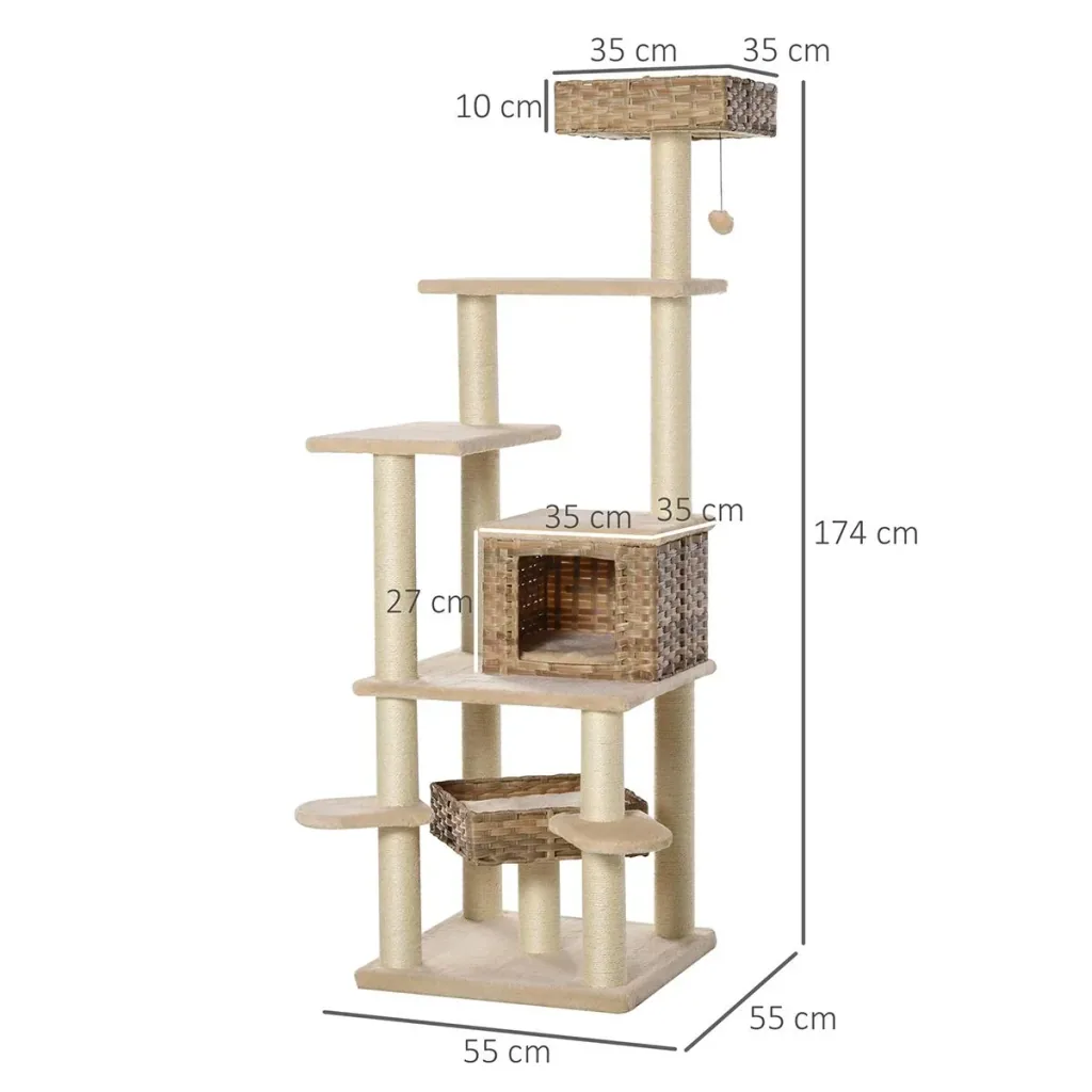Rattan scratching post with cat cave hammock multi-level cat tree climbing tree for cats E1 MDF sisal beige+brown 55