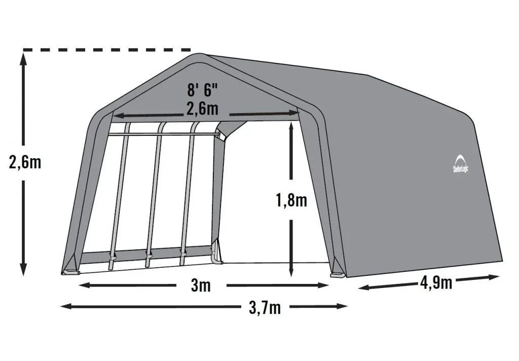 Garage en toile 18 m², gris, 370×490 cm – Garage-in-a-Box, cadre en acier DuPont, résistant aux intempéries