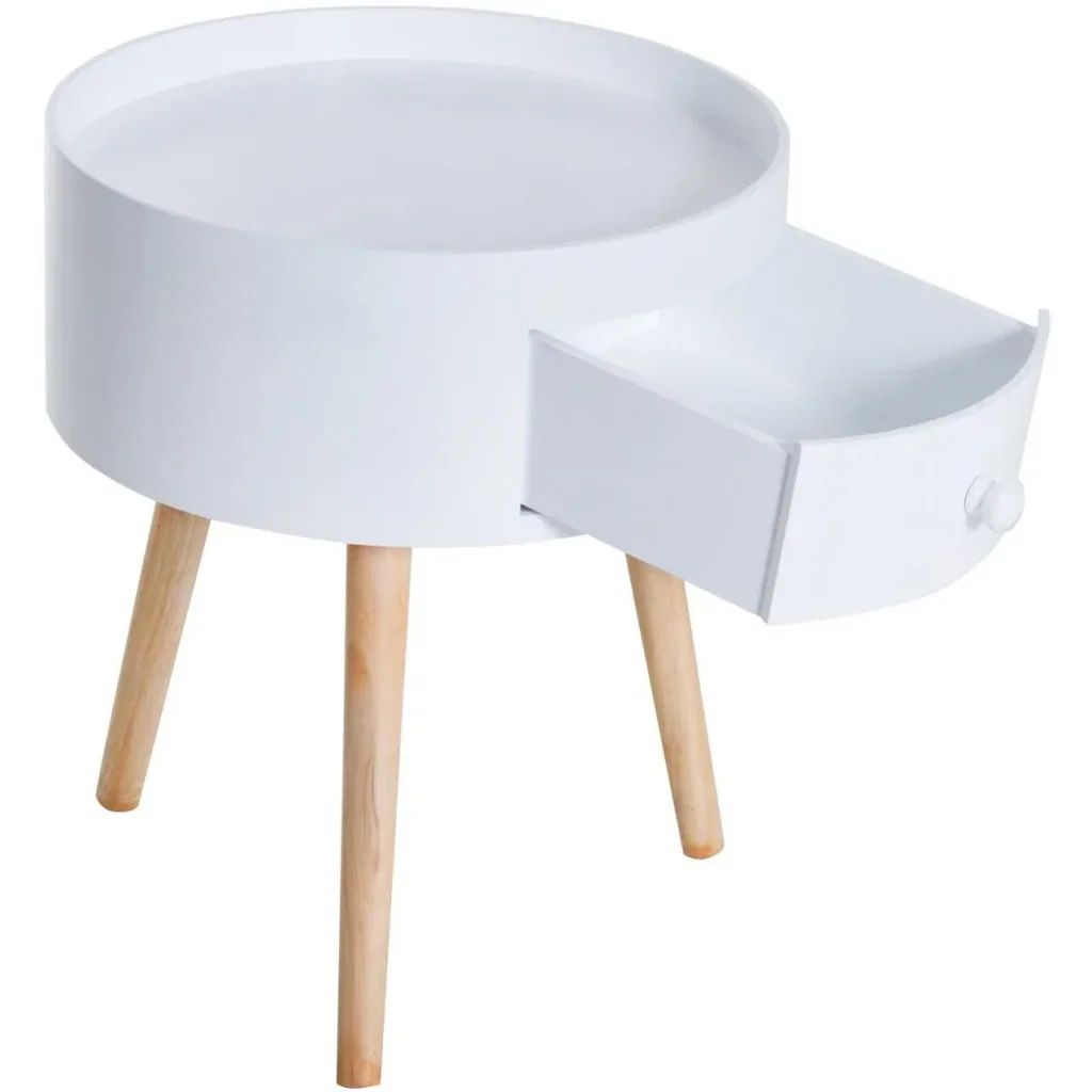 Round coffee table with drawer, white wood