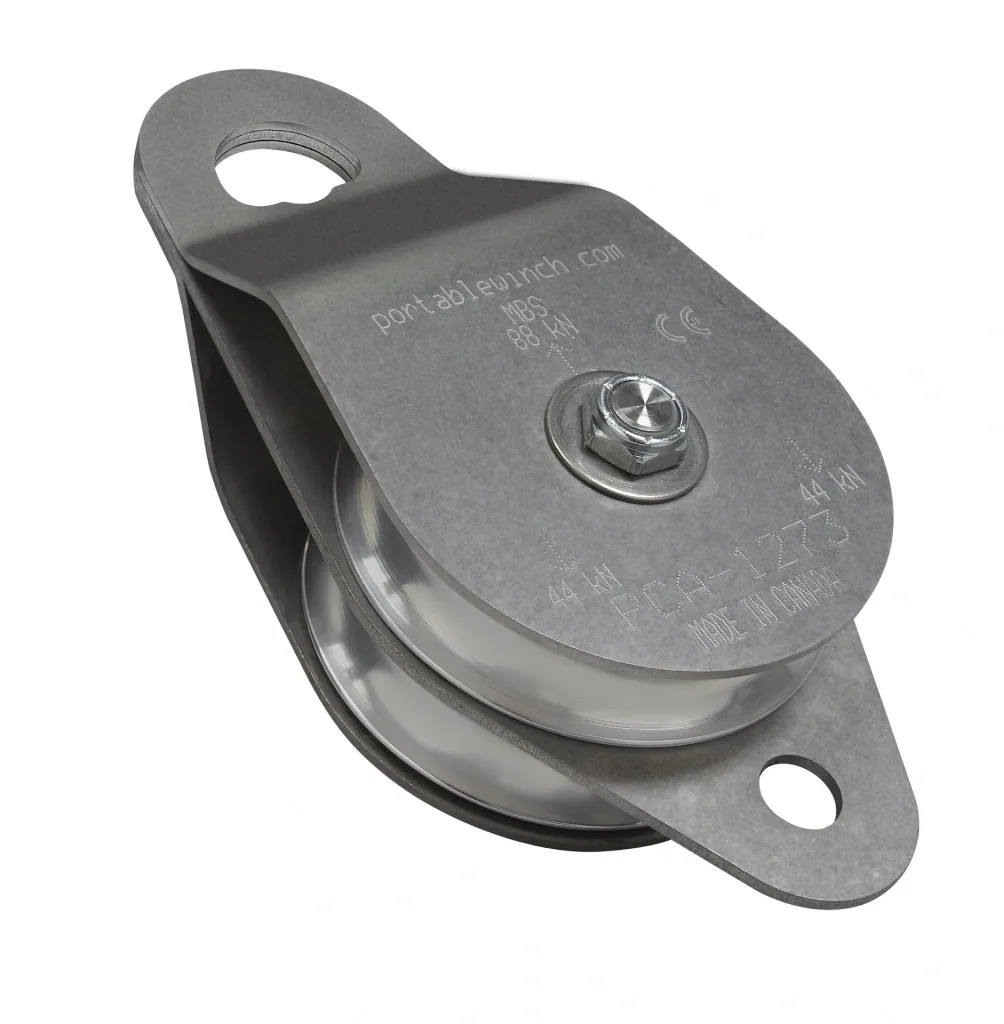 Double pulley made of stainless steel with pivoting side cover for 6 mm - 13 mm ropes