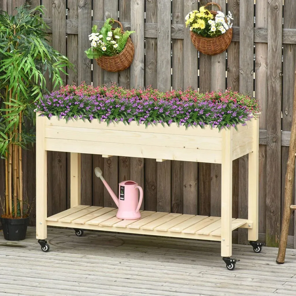 Raised bed with wheels and natural shelf