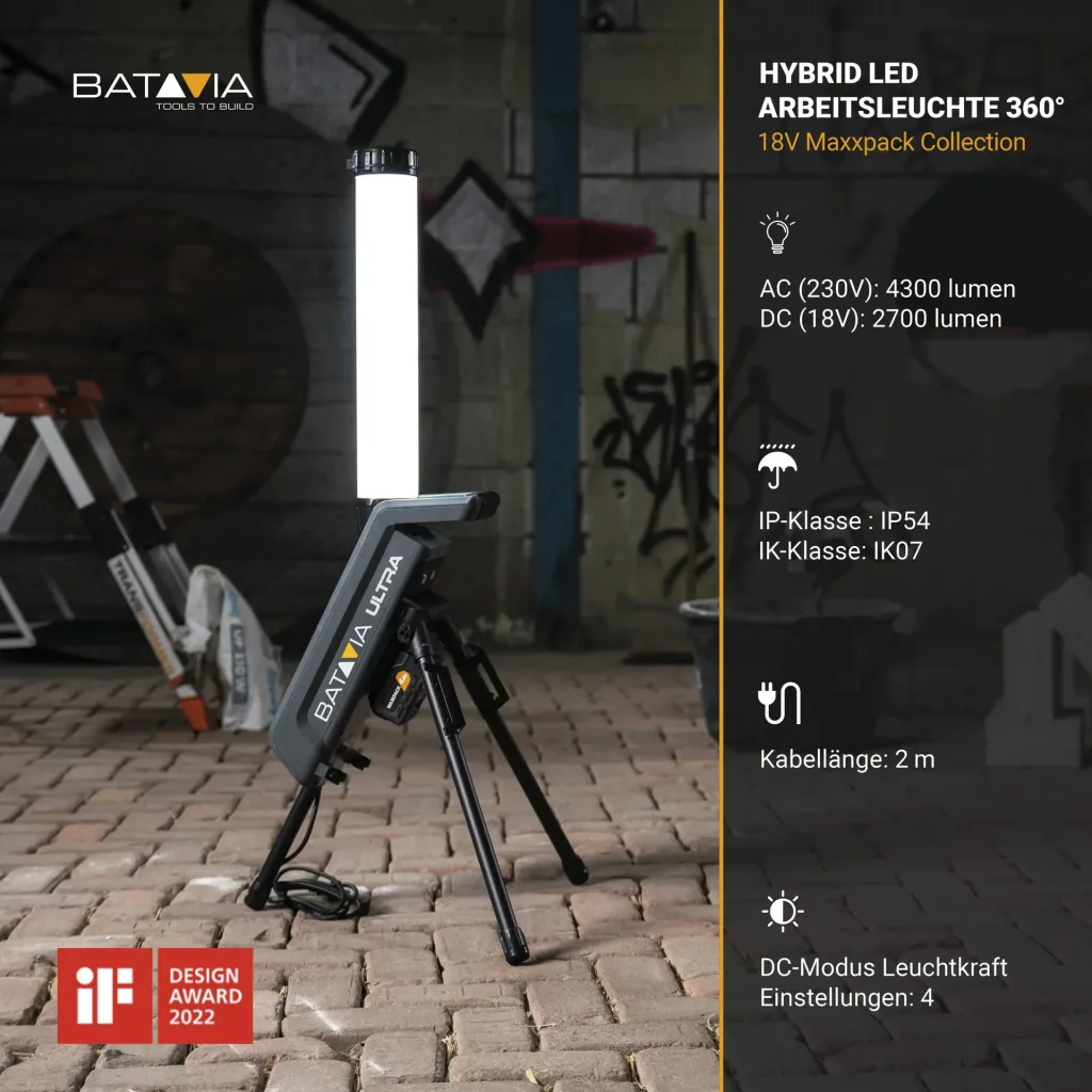 Maxxpack 18V lampe de travail LED hybride 360° avec trépied (sans batterie ni chargeur)