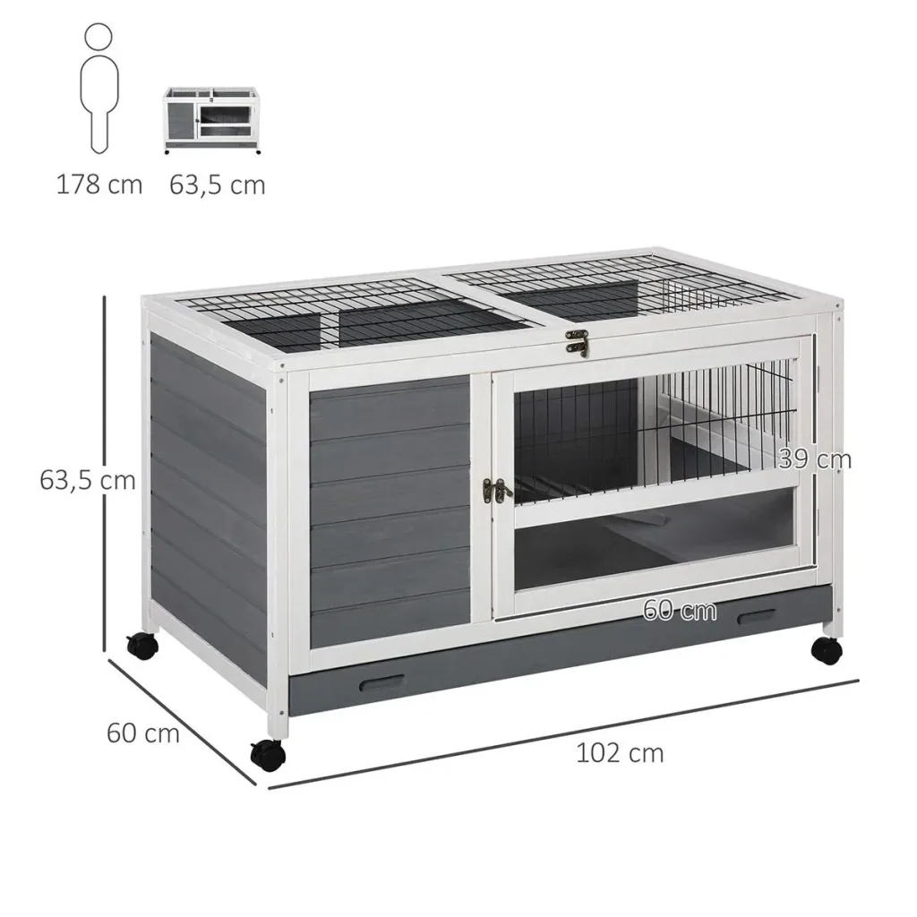 Rabbit hutch with wheels, double-decker, solid wood, grey and white, 102 x 60 x 63.5 cm