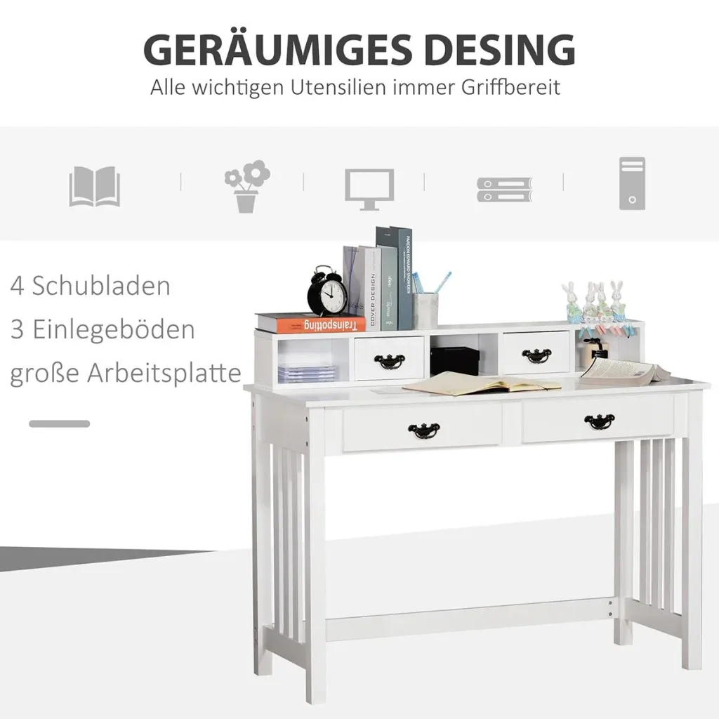Desk with removable shelf 2 drawers Wide tabletop for study office and dorm White