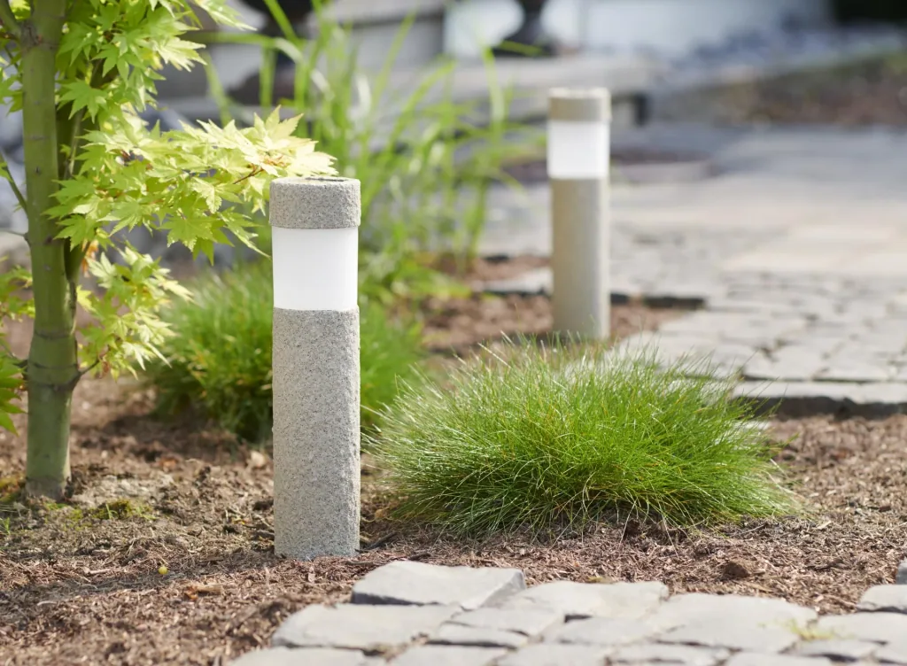 Set of 2 solar bollard lights in stone look