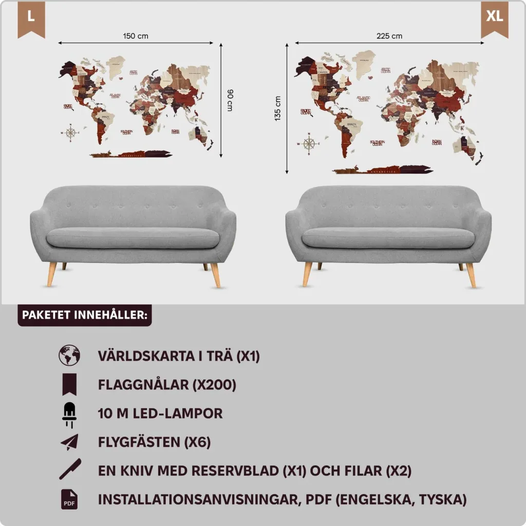 Carte du monde en bois, Green Split – 3D décoration murale, Taille de la carte du monde: L