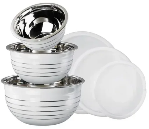 Bowl set with lid, stainless steel, white, 6-piece