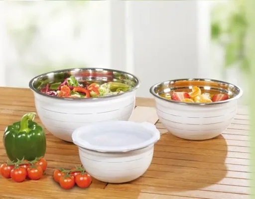 Bowl set with lid, stainless steel, white, 6-piece