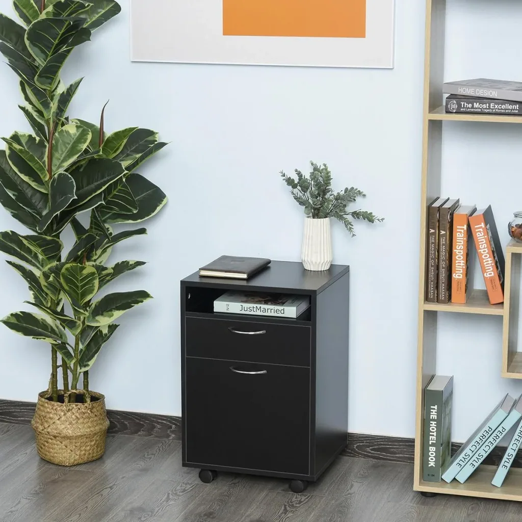 Mobile container, filing cabinet, office container with drawer, office cabinet, storage container, chipboard, black, 40 x