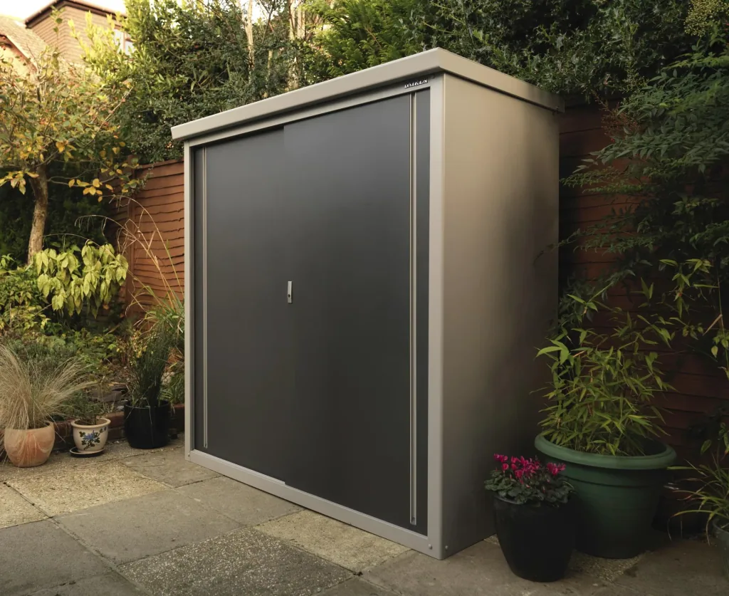 Abri de jardin Guardian D63 176×98×187 cm Anthracite – Acier Aluzinc, 2 portes coulissantes