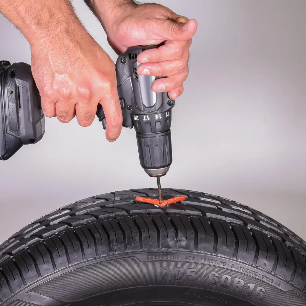 Tire repair kit, rubber strip insertion with drill, drill bit plug kit